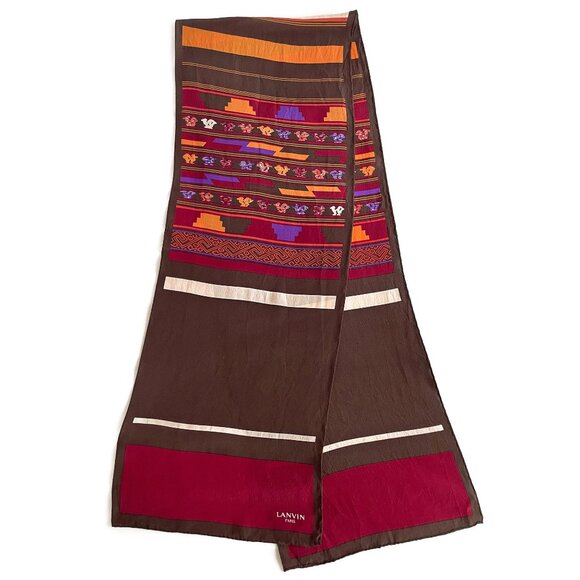 Vintage LANVIN Paris Silk Geometric Aztec Print Long Rectangular Scarf - Picture 1 of 6
